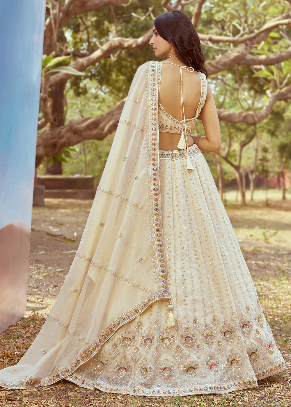 Hand Work Embroidered Cream Wedding Lehenga Choli - Image 3