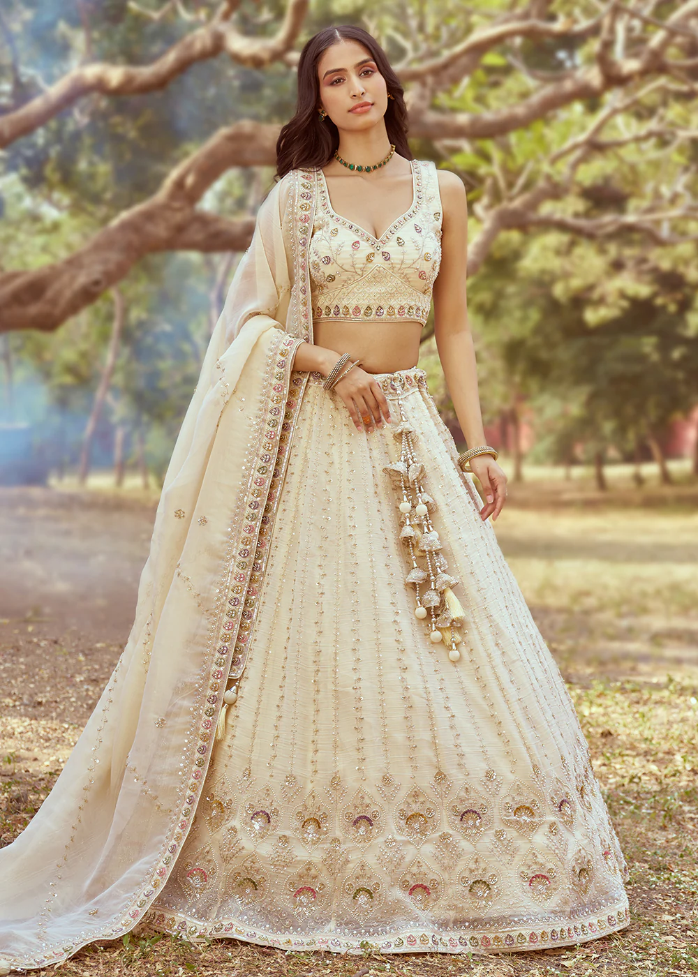 Hand Work Embroidered Cream Wedding Lehenga Choli - Image 4