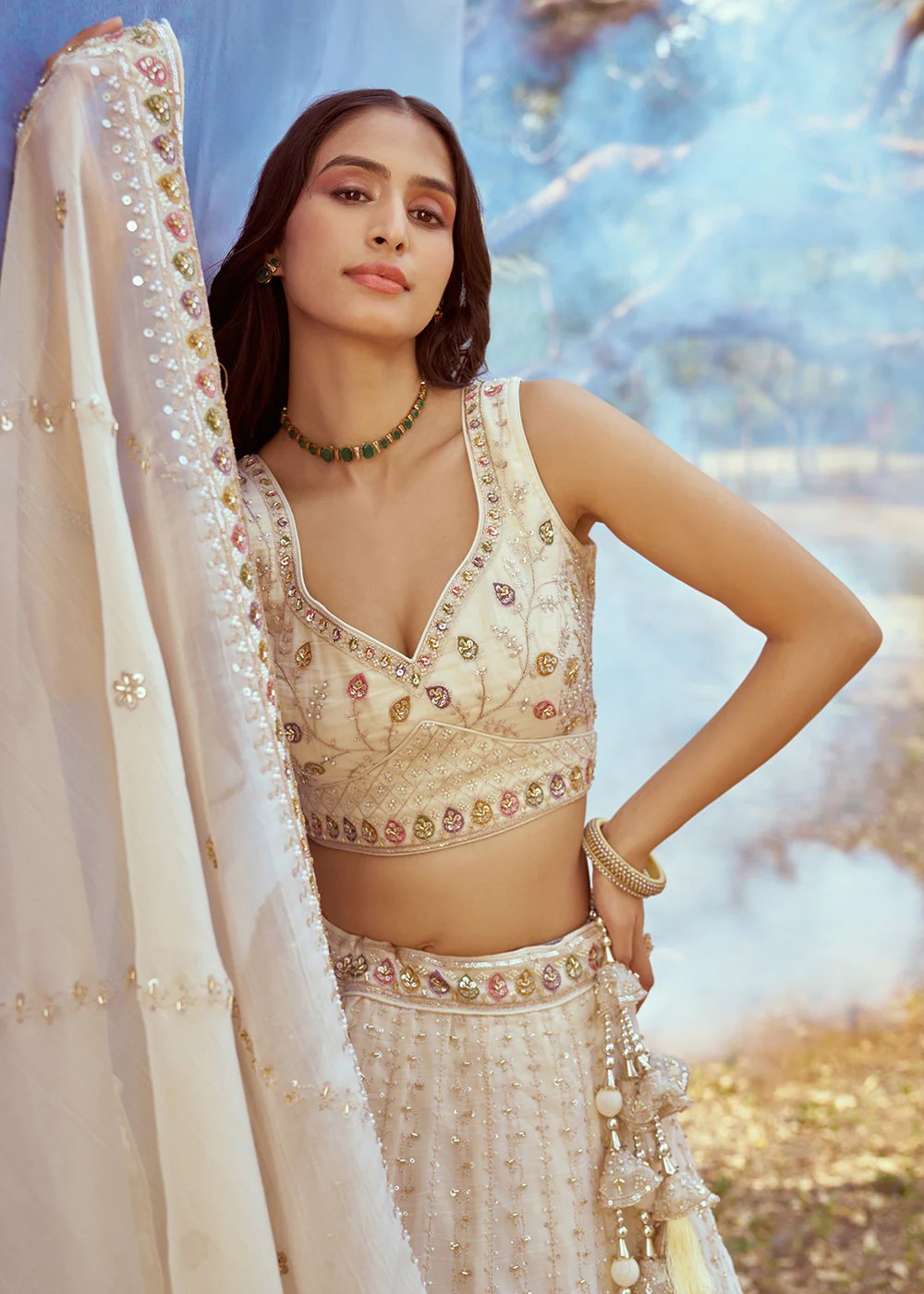 Hand Work Embroidered Cream Wedding Lehenga Choli - Image 5