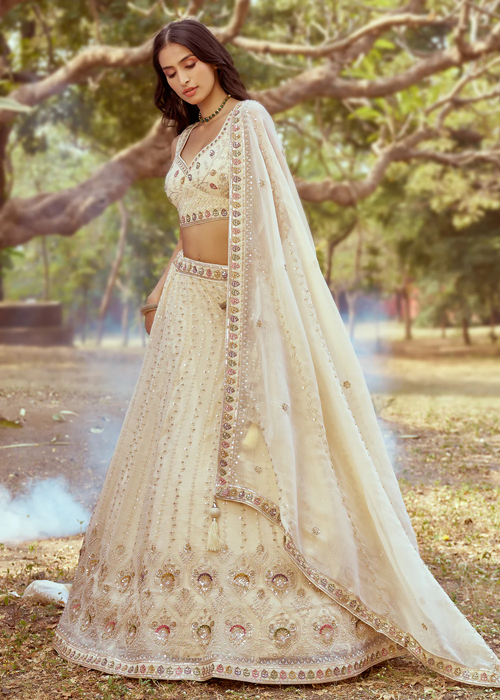 Hand Work Embroidered Cream Wedding Lehenga Choli - Image 6