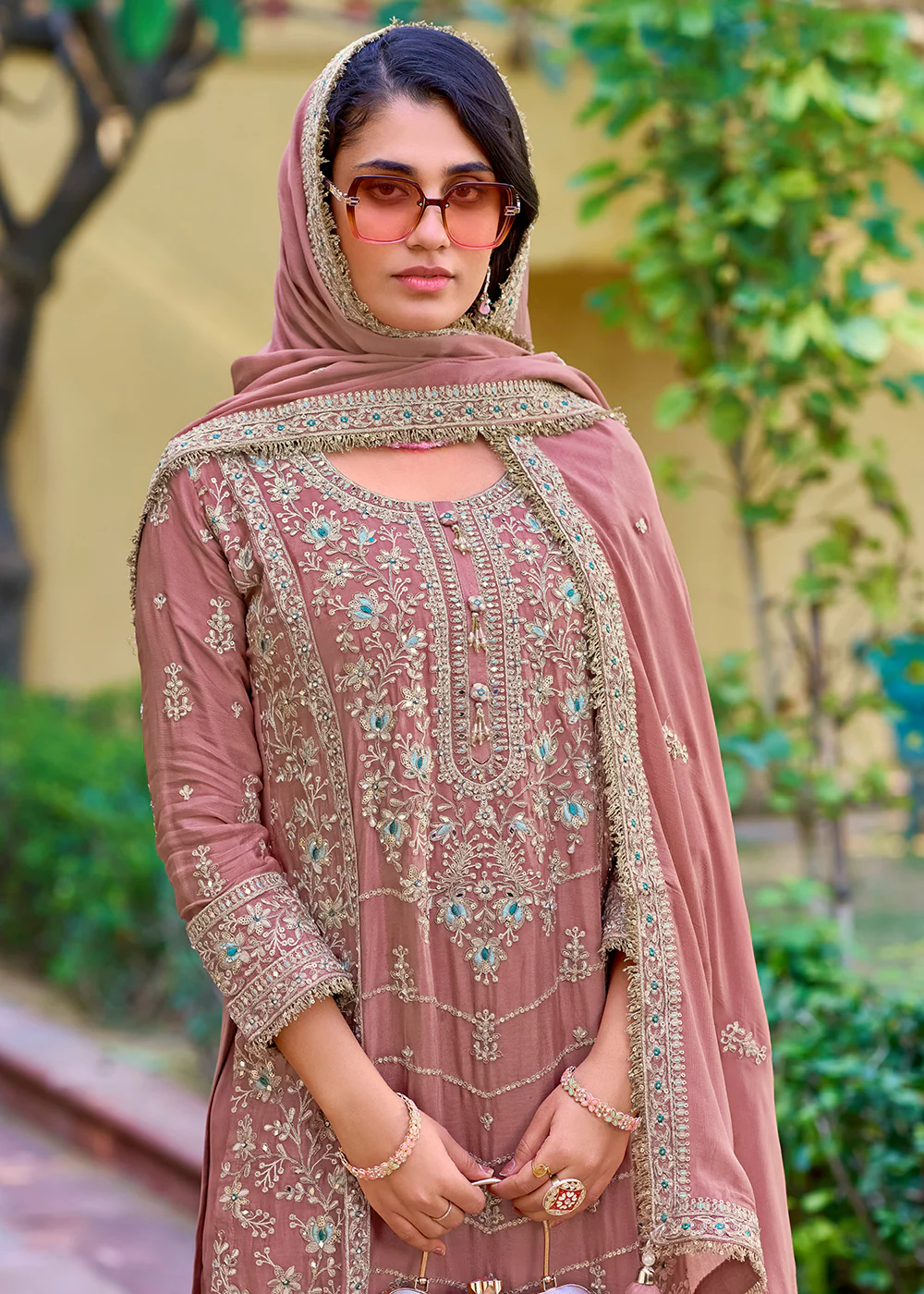 Heavy Chinnon Embroidered Pink Palazzo Suit for Weddings - Image 2
