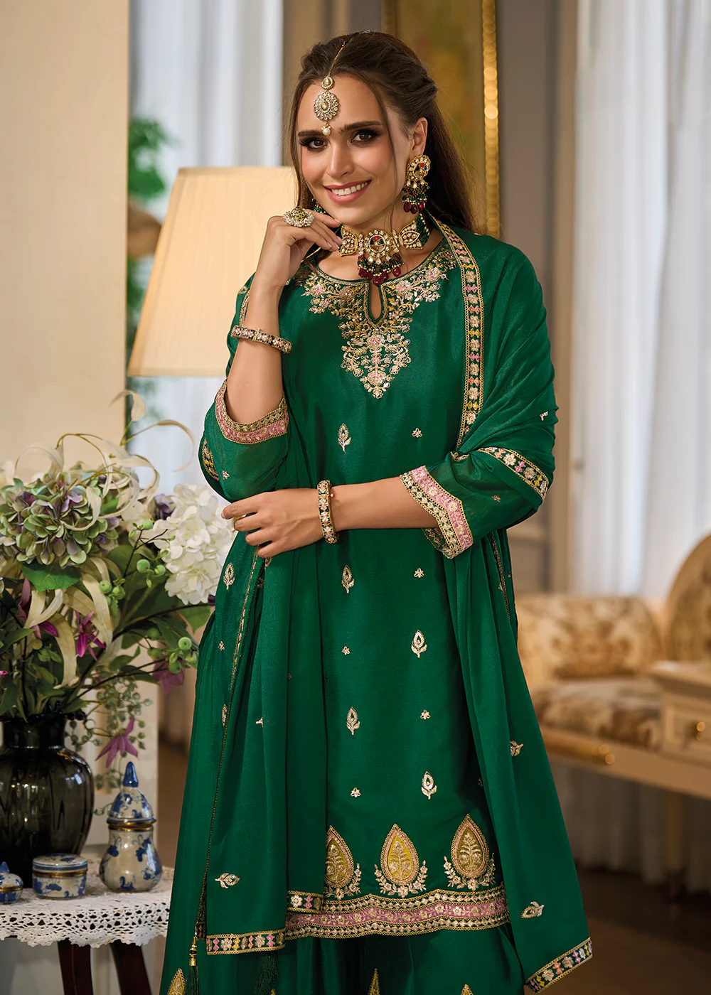 Heavy Chinnon Green Embroidered Festive Palazzo Suit - Image 2