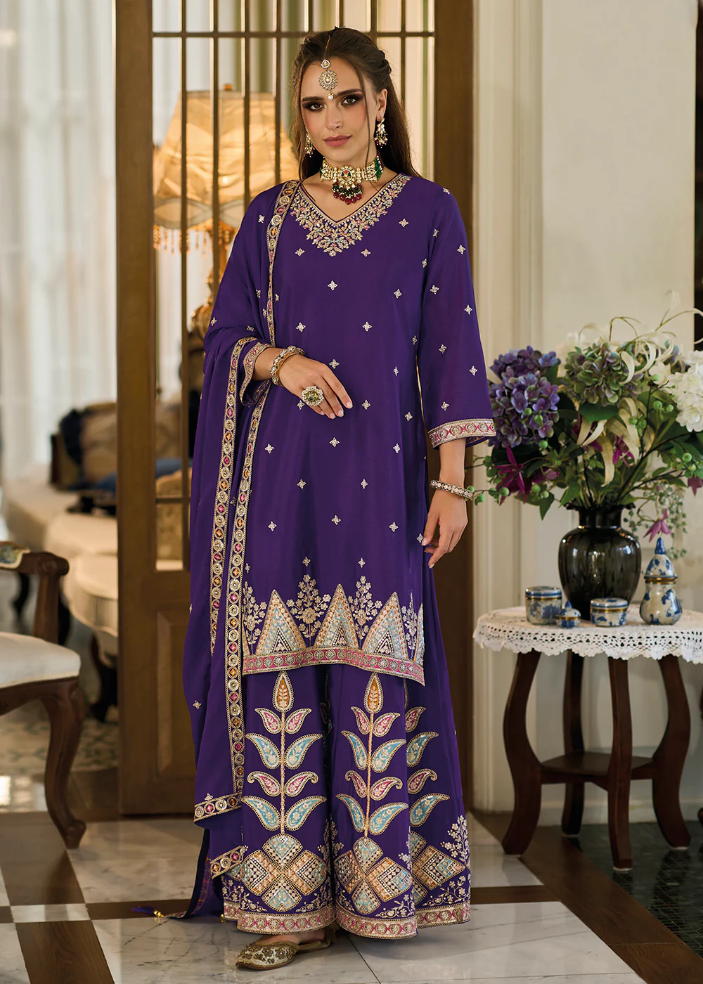 Heavy Chinnon Purple Embroidered Festive Palazzo Suit