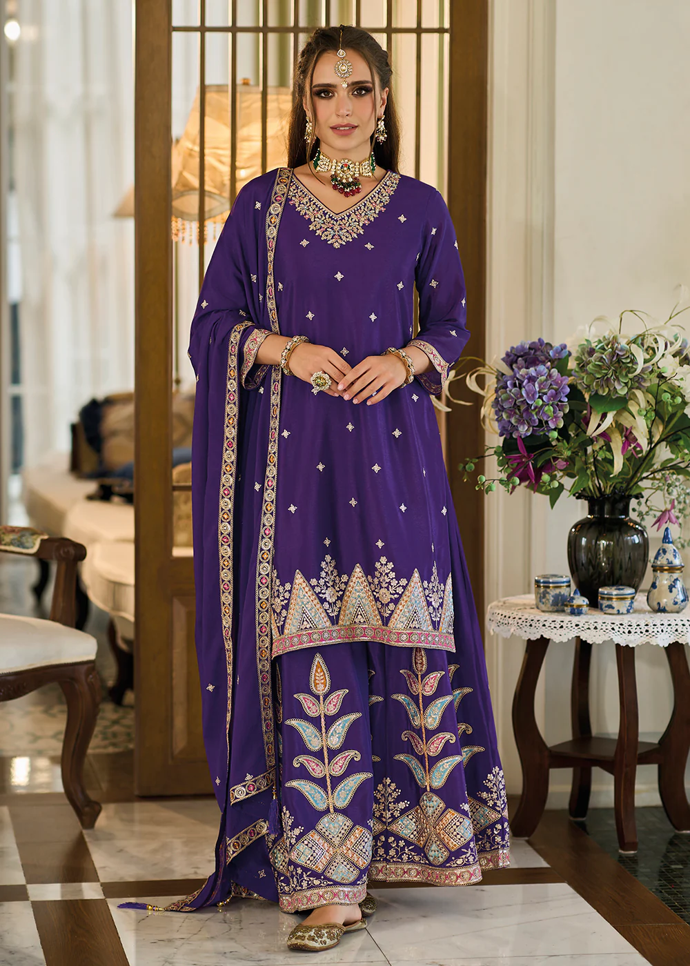 Heavy Chinnon Purple Embroidered Festive Palazzo Suit - Image 3