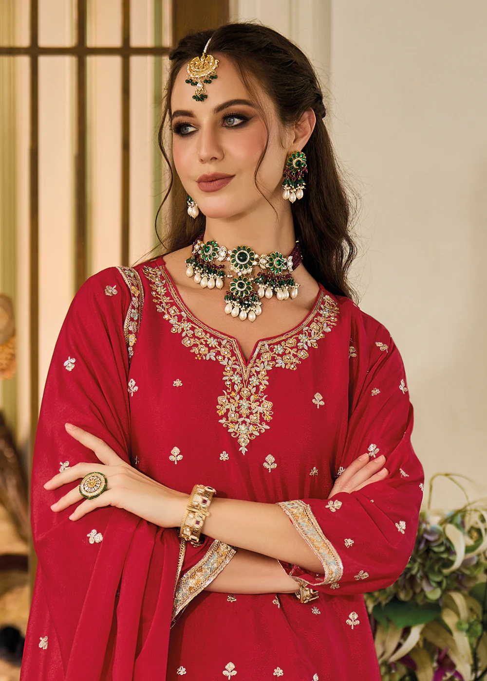 Heavy Chinnon Red Embroidered Festive Palazzo Suit - Image 2