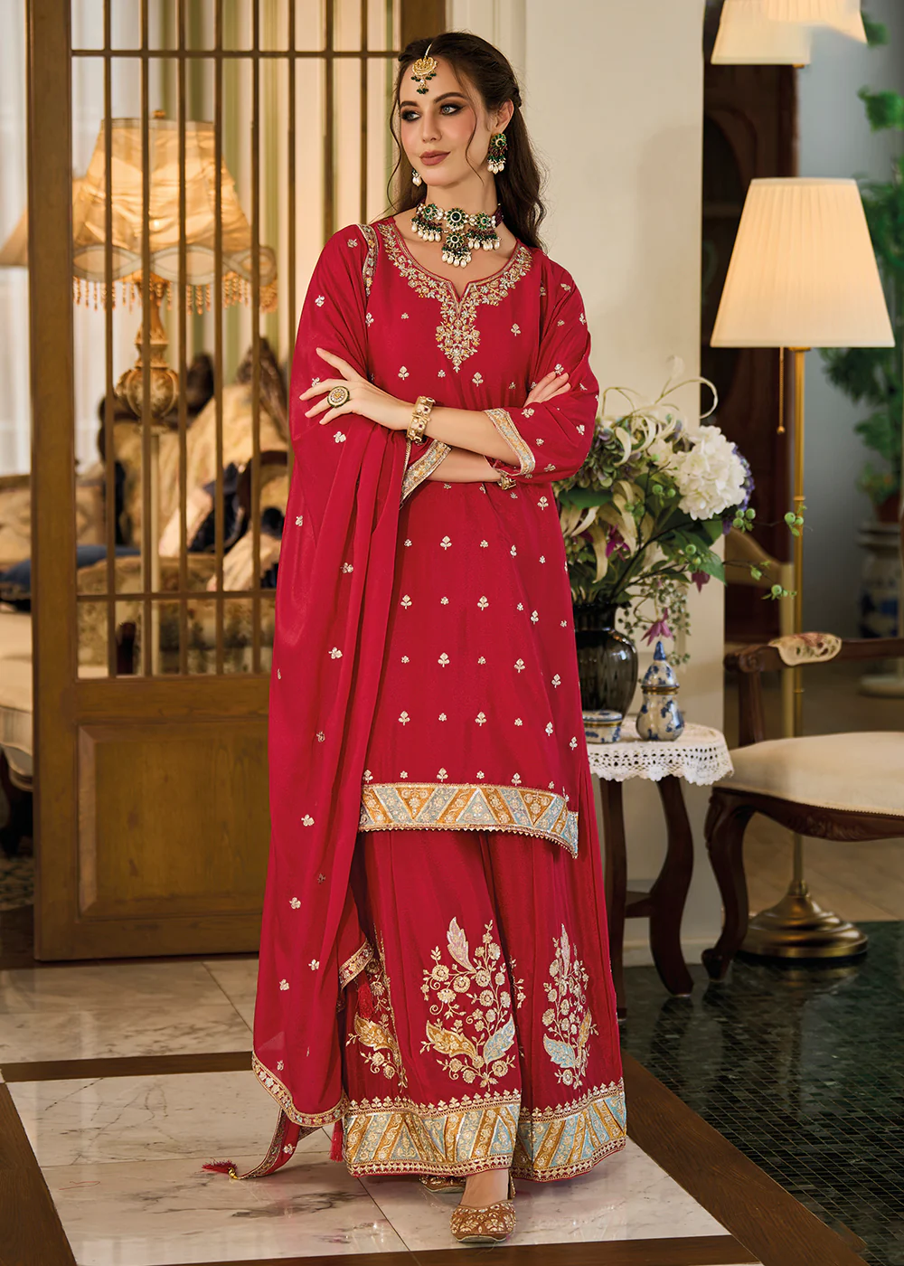 Heavy Chinnon Red Embroidered Festive Palazzo Suit - Image 3