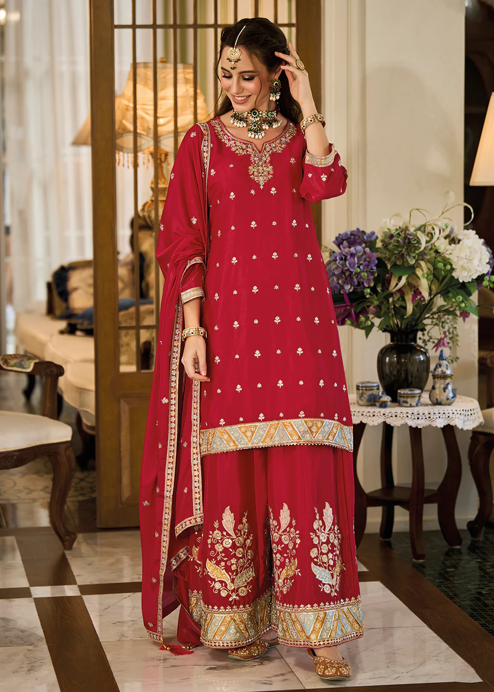 Heavy Chinnon Red Embroidered Festive Palazzo Suit - Image 4