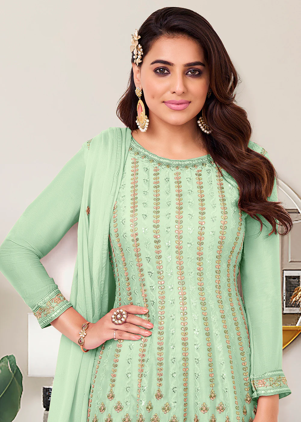 Heavy Chinon Gorgeous Aqua Green Festive Look Palazzo Salwar Suit - Image 3