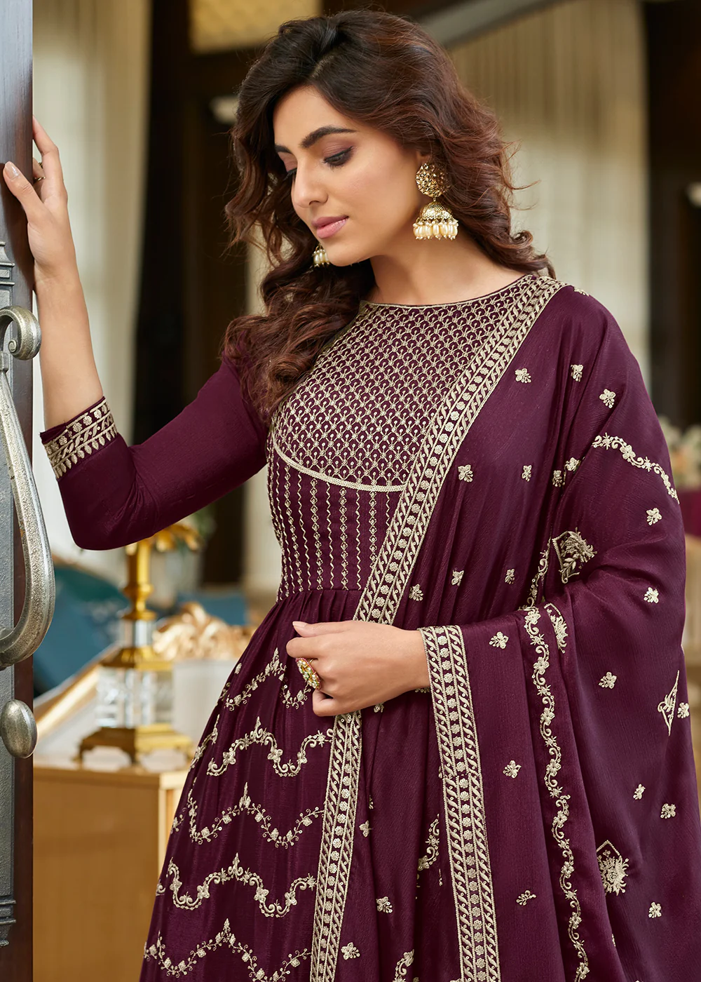 Heavy Chinon Plum Purple Sequins Festive Gharara Suit - Image 2