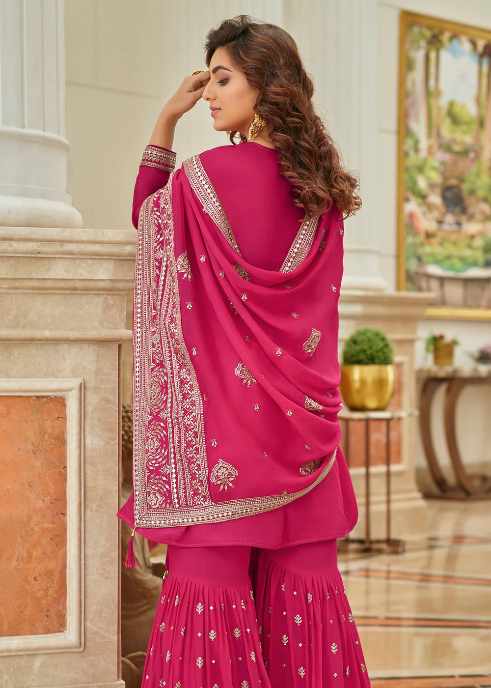 Heavy Chinon Rani Pink Sequins Festive Gharara Suit - Image 3