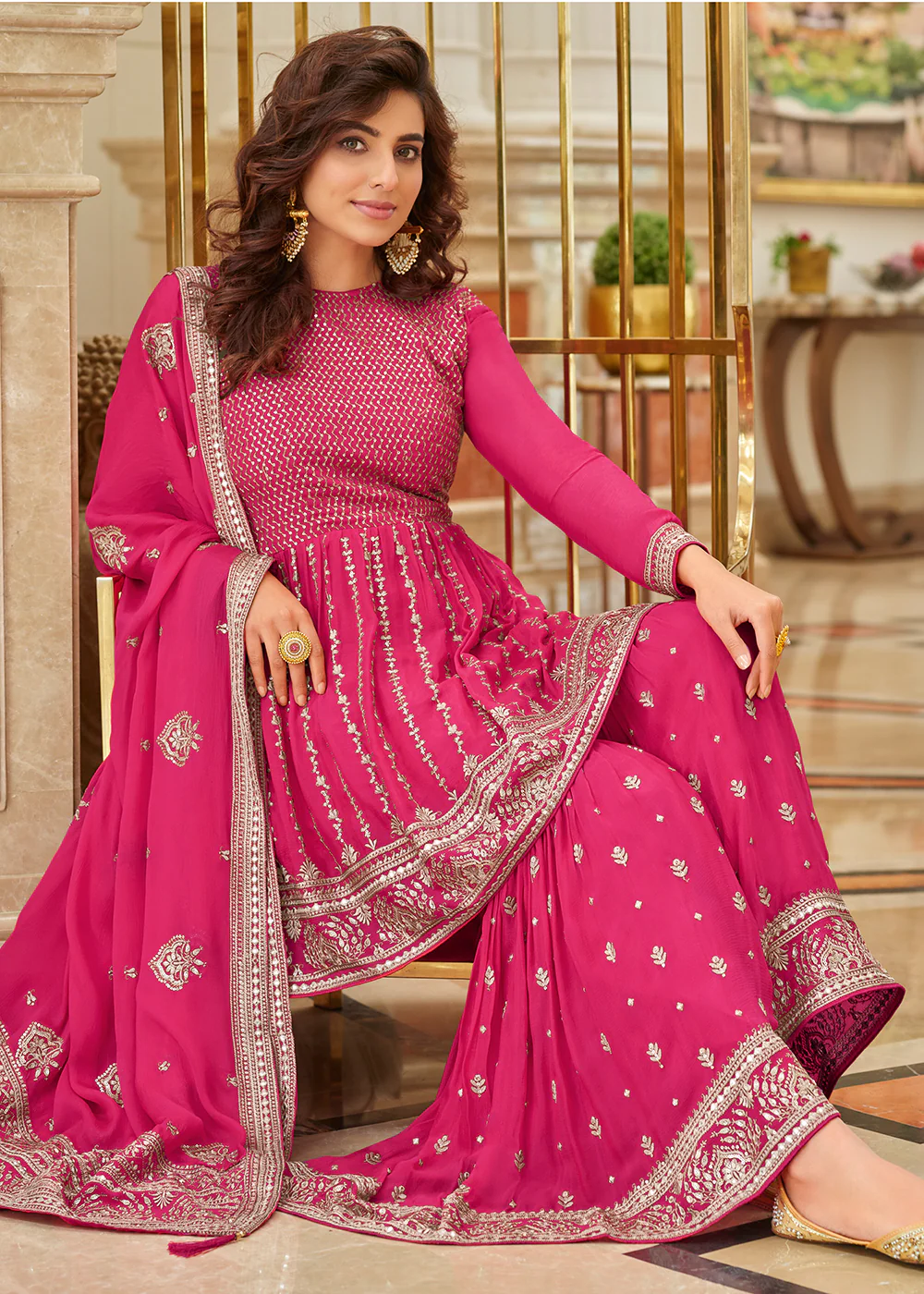 Heavy Chinon Rani Pink Sequins Festive Gharara Suit - Image 4