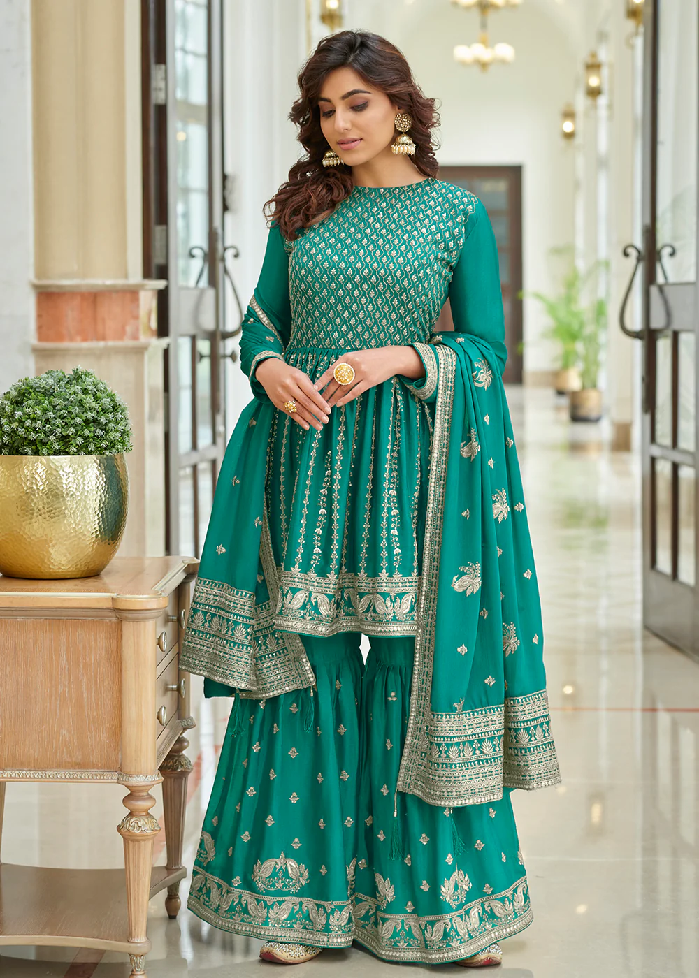 Heavy Chinon Turquoise Sequins Festive Gharara Suit