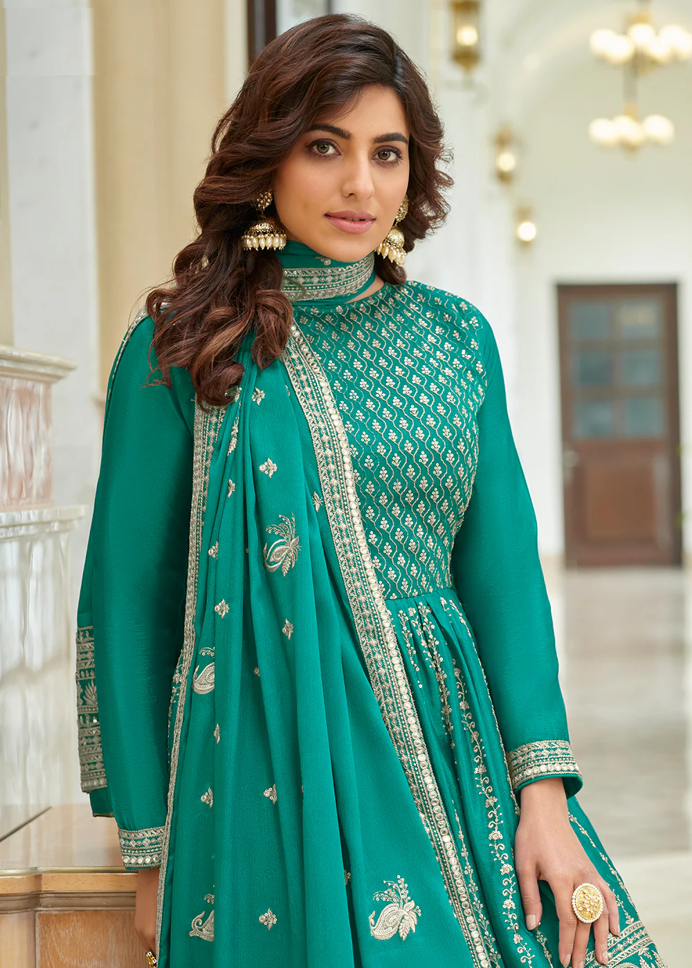Heavy Chinon Turquoise Sequins Festive Gharara Suit - Image 2