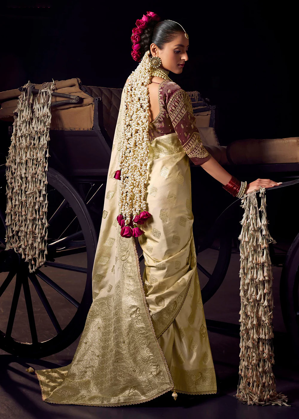 Heavy Designer Silk Cream Embroidered Bridal Wear Saree - Image 3