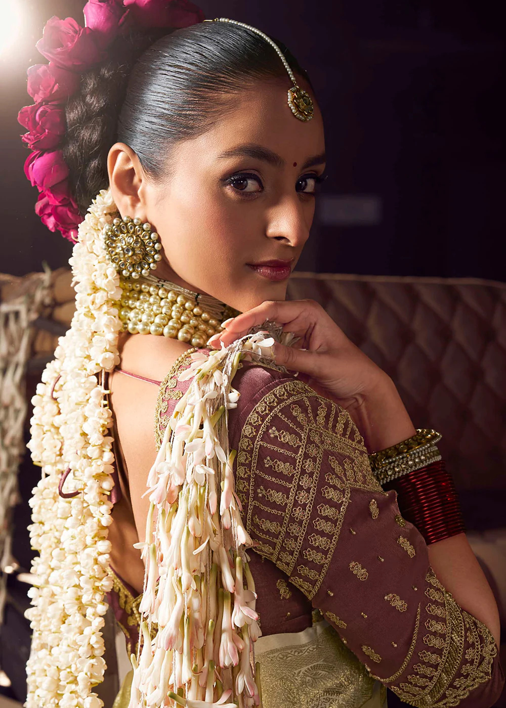 Heavy Designer Silk Cream Embroidered Bridal Wear Saree - Image 4