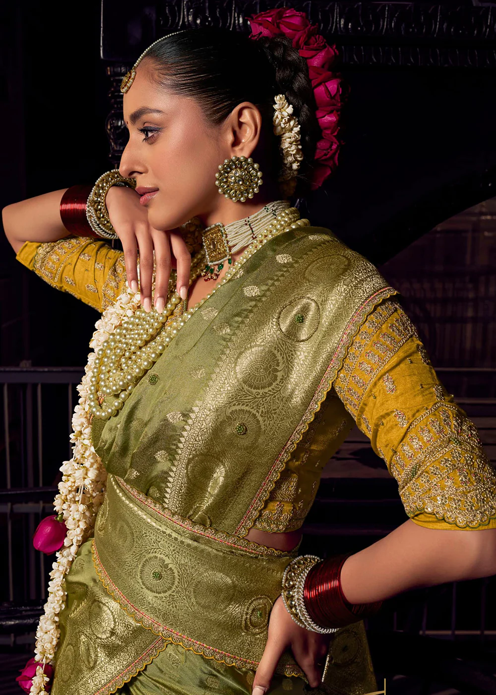 Heavy Designer Silk Green Embroidered Bridal Wear Saree - Image 2