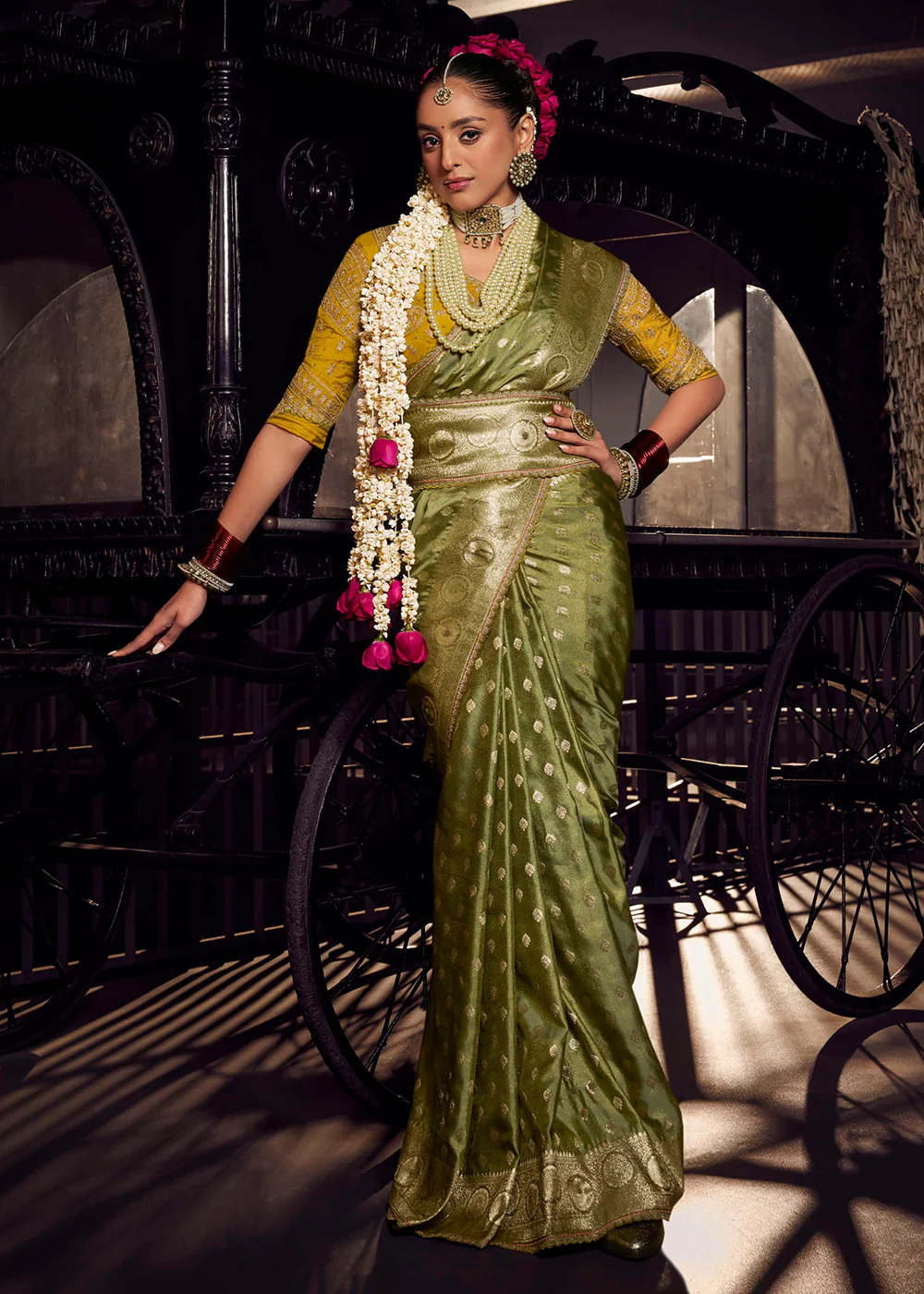 Heavy Designer Silk Green Embroidered Bridal Wear Saree - Image 4