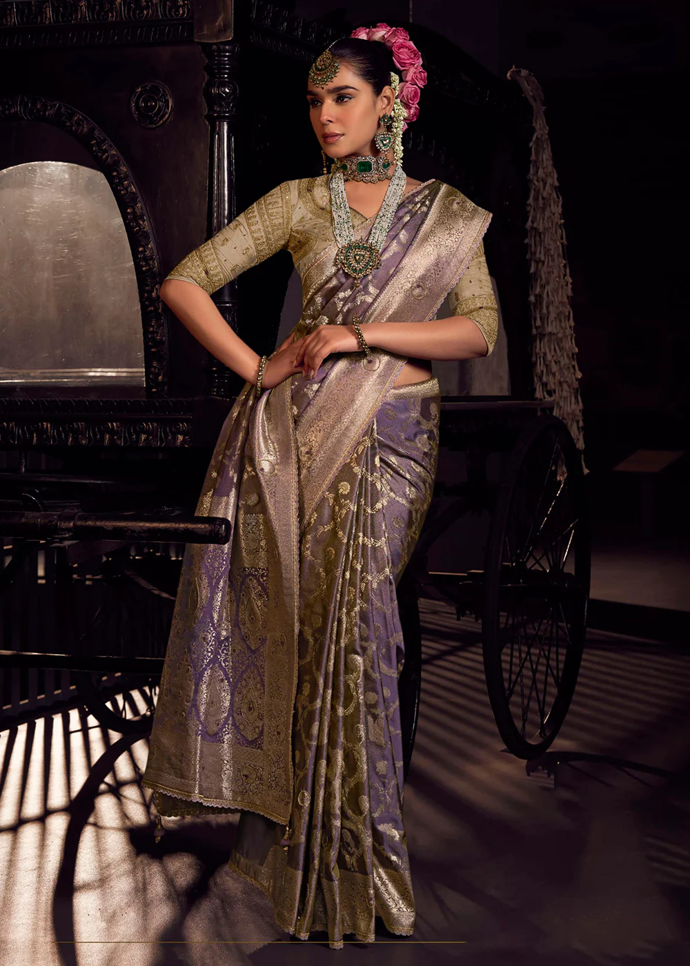 Heavy Designer Silk Lilac Embroidered Bridal Wear Saree