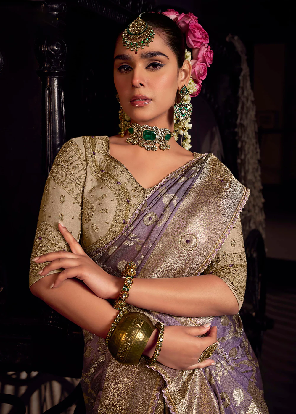 Heavy Designer Silk Lilac Embroidered Bridal Wear Saree - Image 2