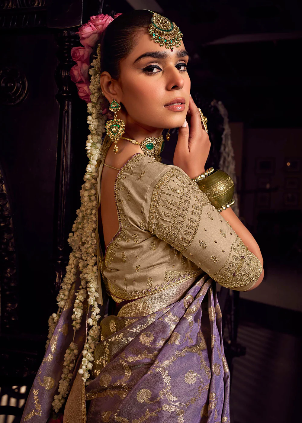 Heavy Designer Silk Lilac Embroidered Bridal Wear Saree - Image 3
