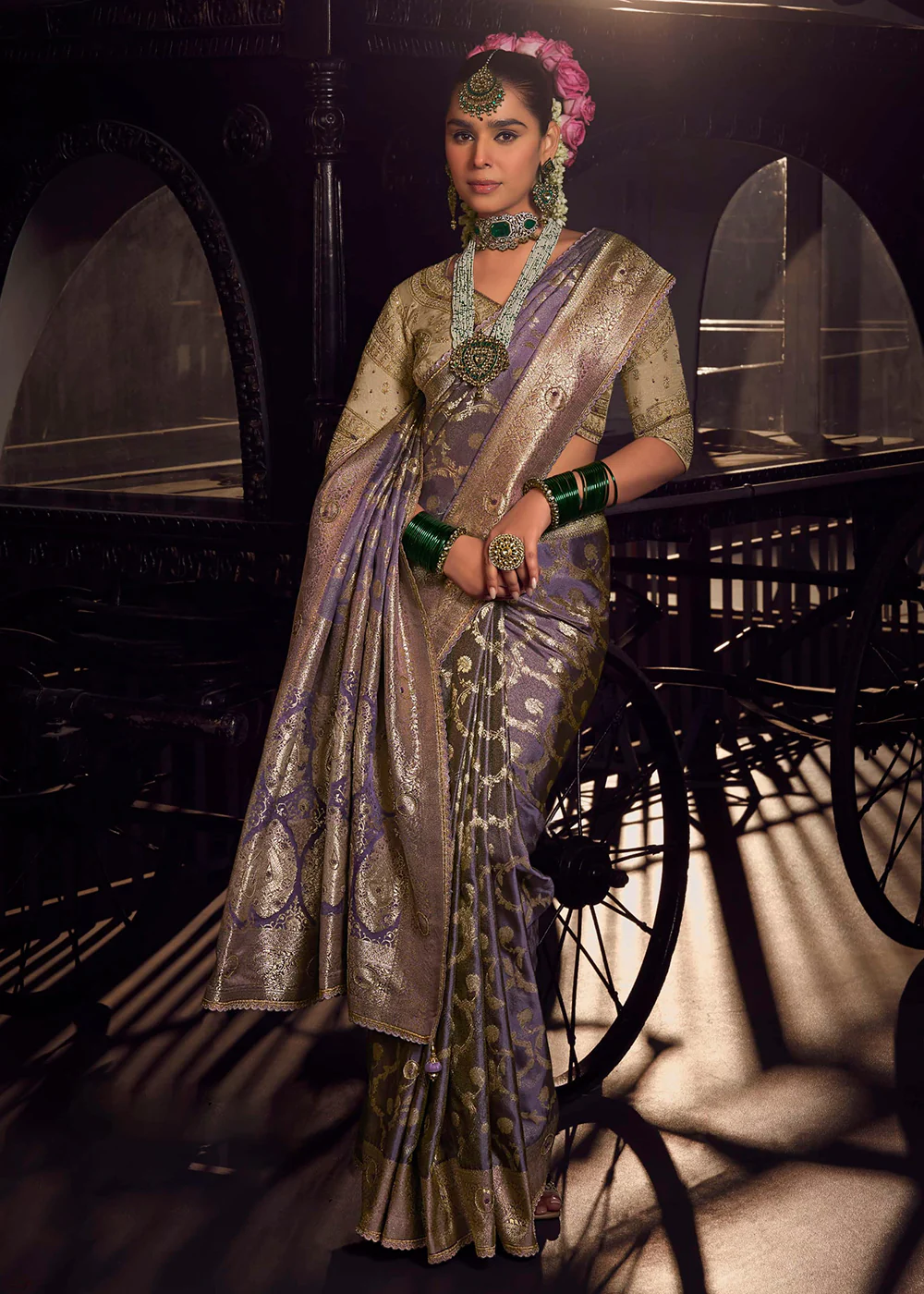 Heavy Designer Silk Lilac Embroidered Bridal Wear Saree - Image 4