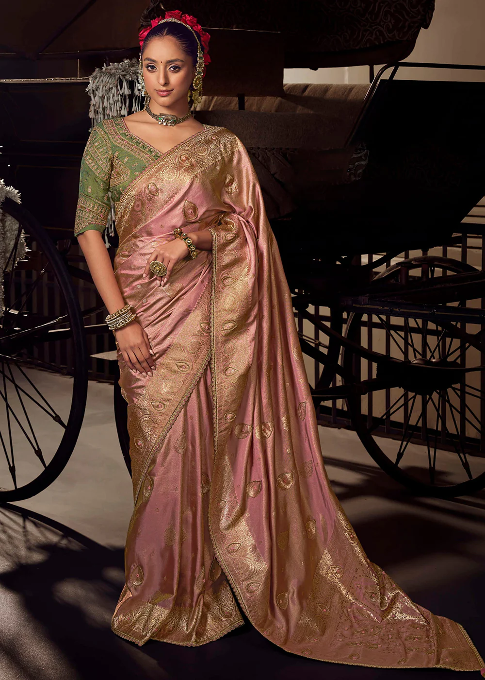 Heavy Designer Silk Pink Embroidered Bridal Wear Saree