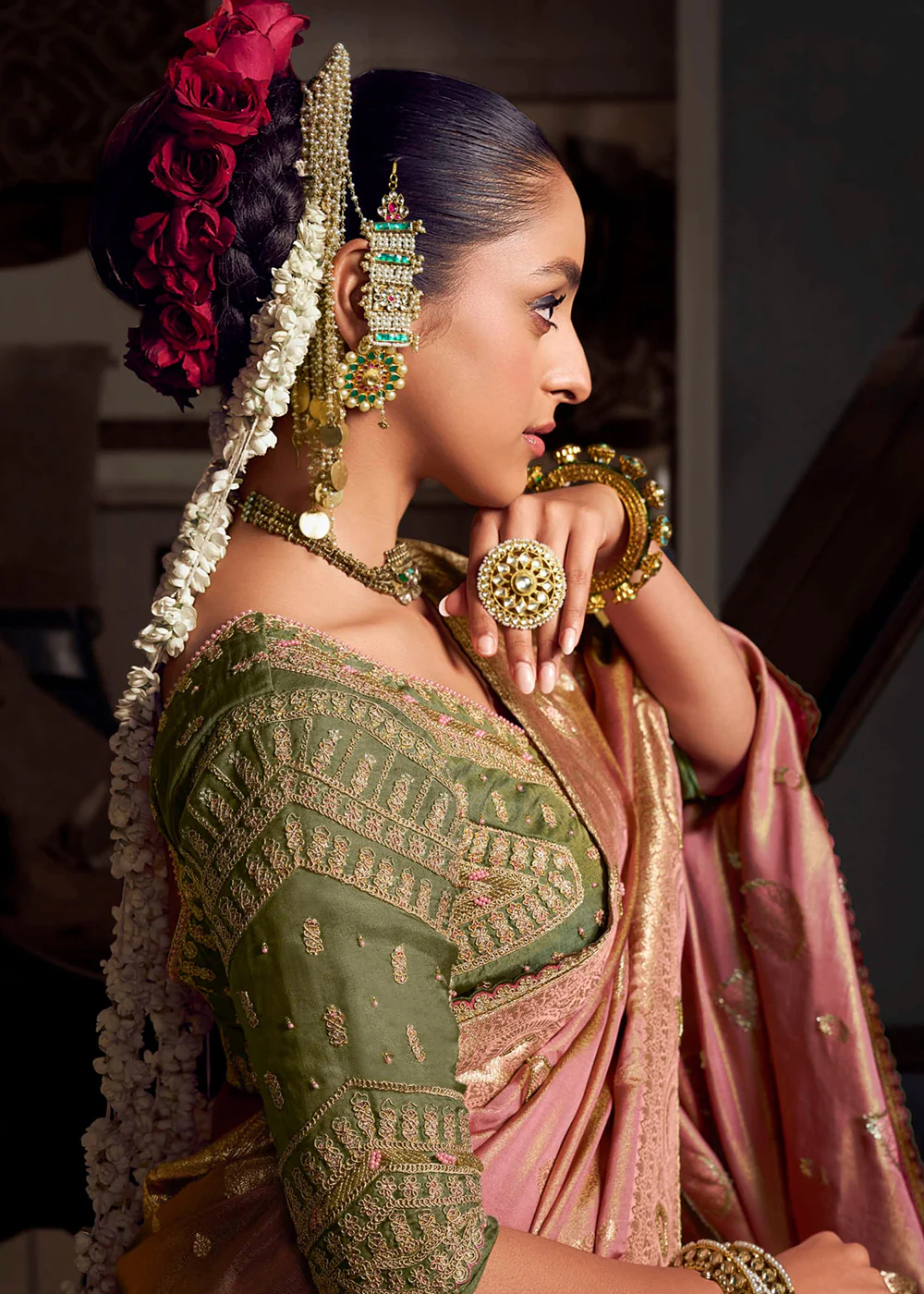 Heavy Designer Silk Pink Embroidered Bridal Wear Saree - Image 2