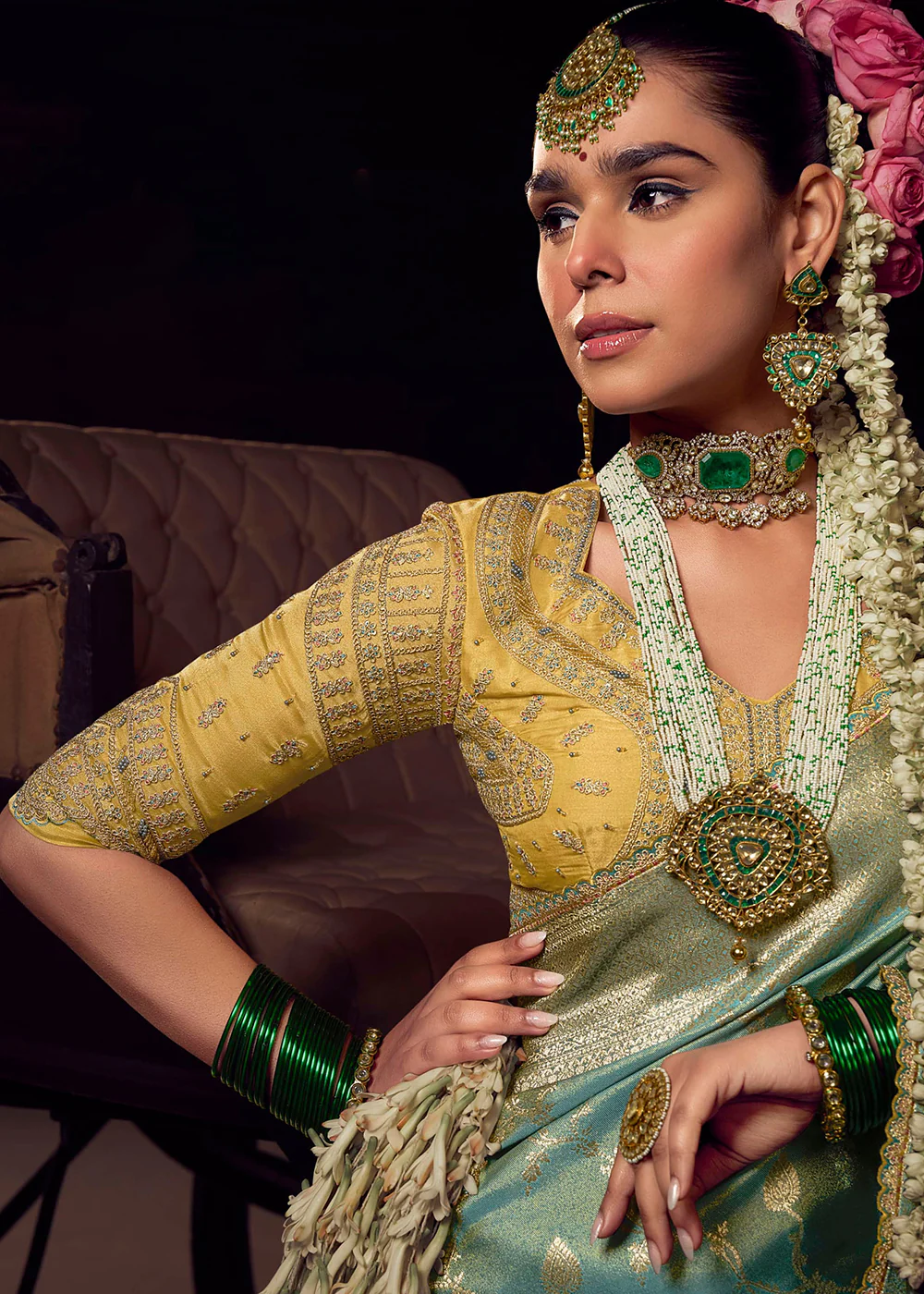 Heavy Designer Silk Sea Blue Embroidered Bridal Wear Saree - Image 2