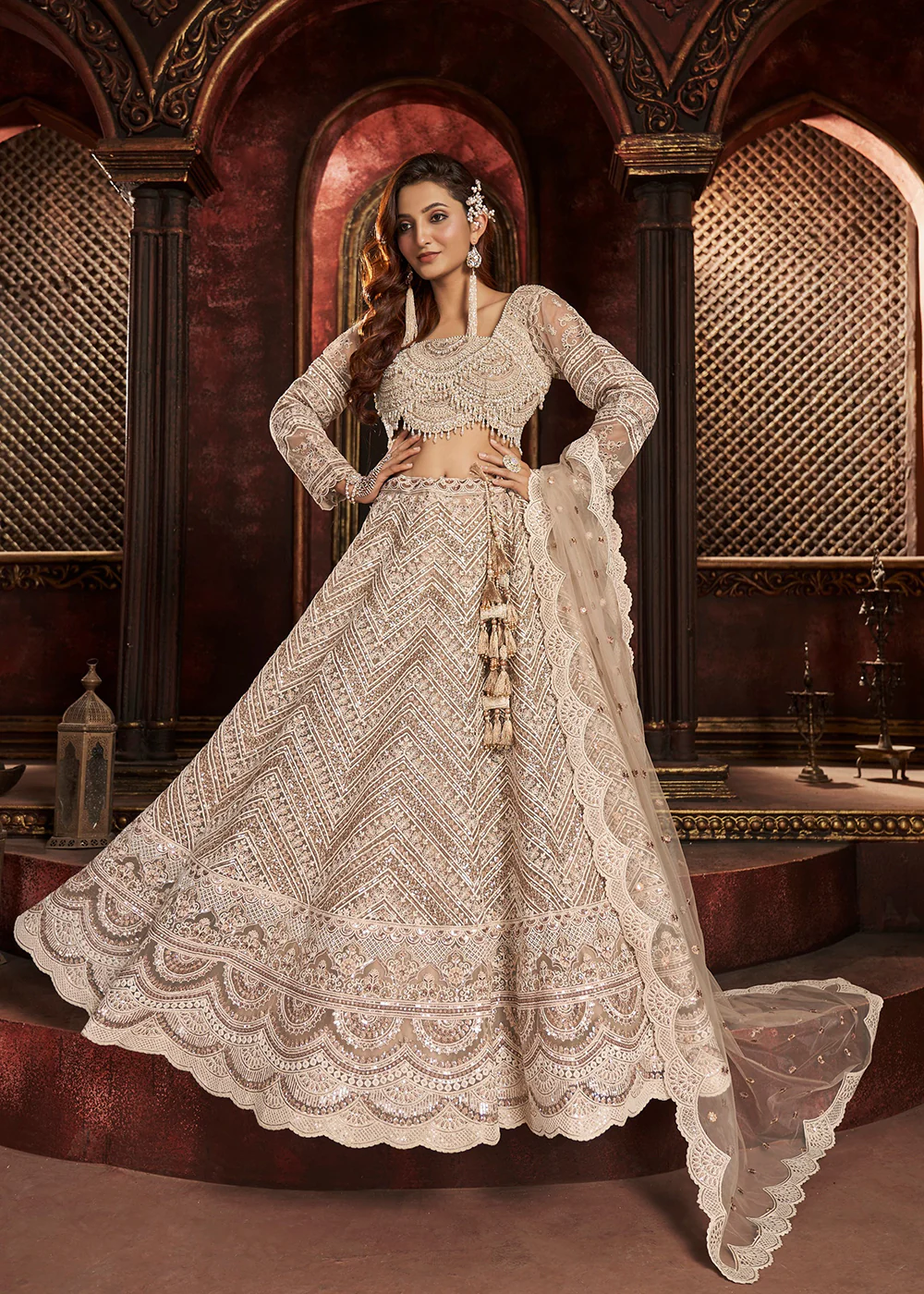 Heavy Embroidered Beige Ivory Net Bridal Lehenga Choli - Image 3