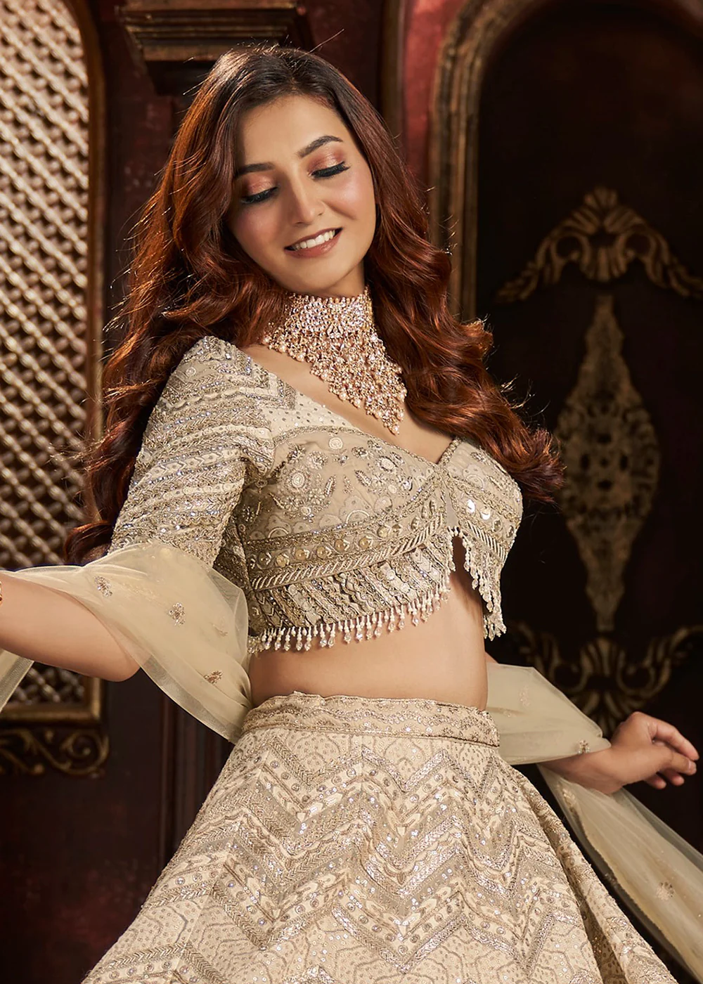 Heavy Embroidered Beige Ivory Organza Bridal Lehenga Choli - Image 2