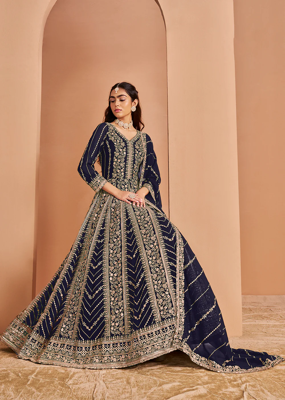 Heavy Embroidered Blue Georgette Wedding Anarkali Suit - Image 4
