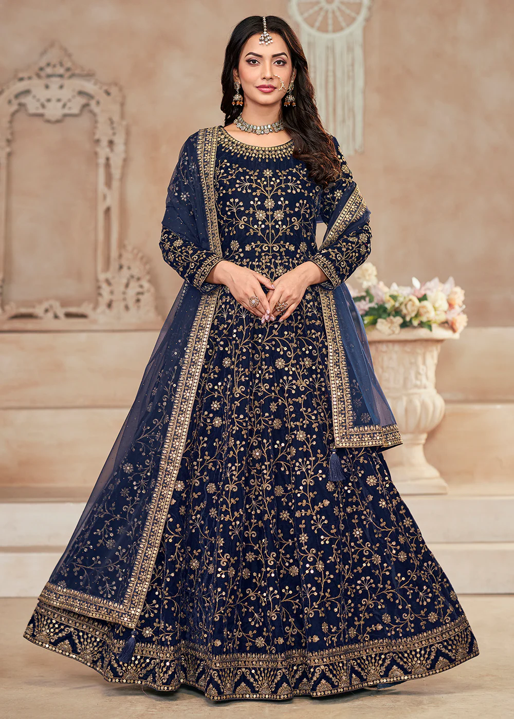 Heavy Embroidered Blue Velvet Wedding Anarkali Suit