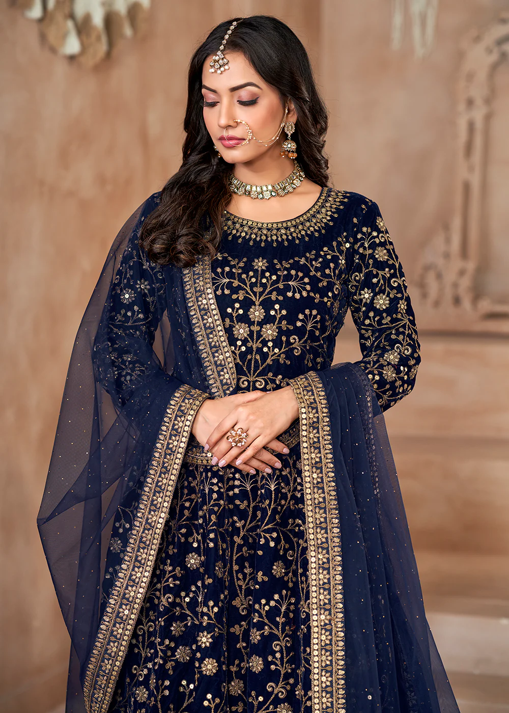 Heavy Embroidered Blue Velvet Wedding Anarkali Suit - Image 2