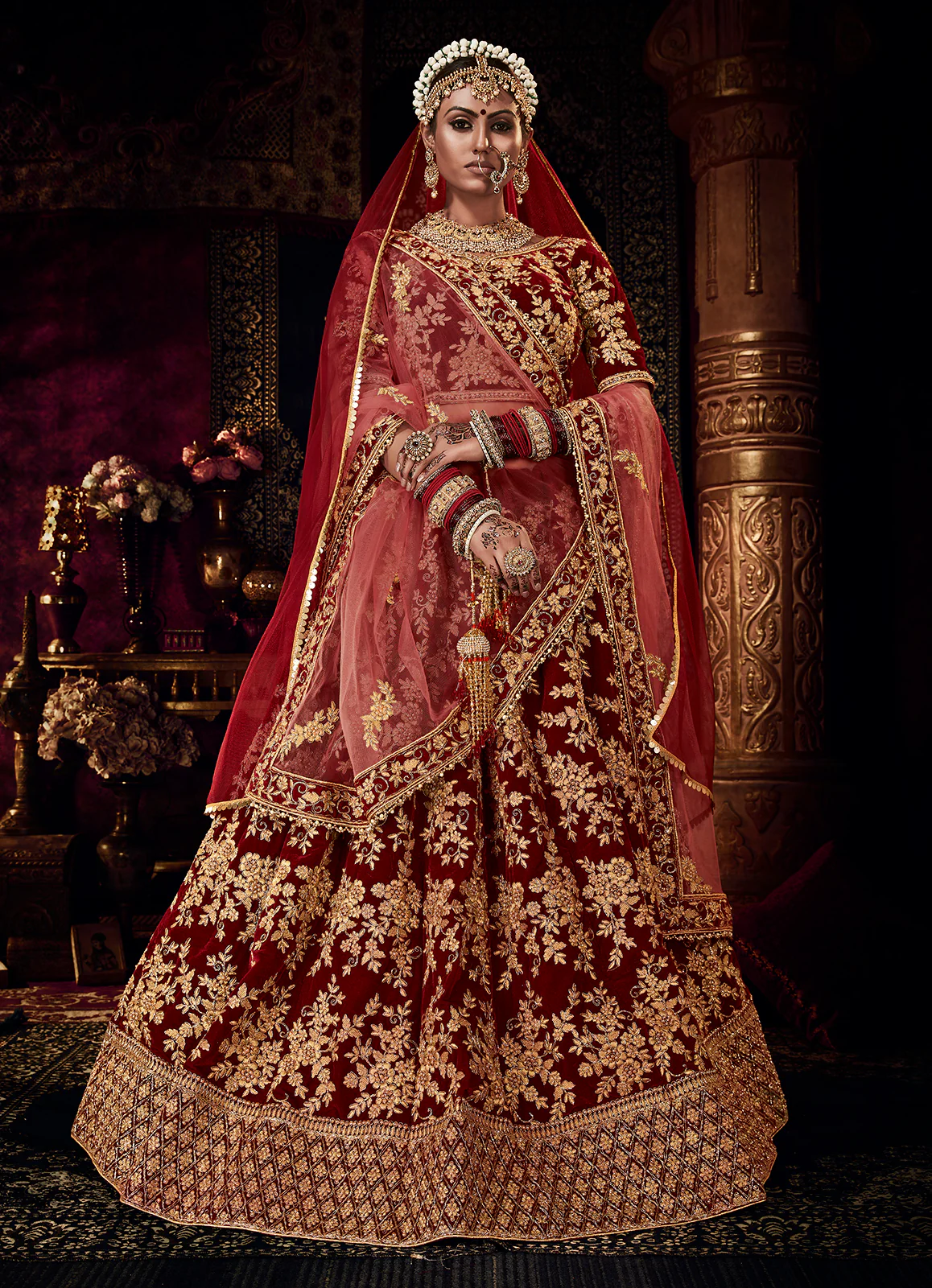 Heavy Embroidered Bridal Maroon Velvet Wedding Lehenga Choli