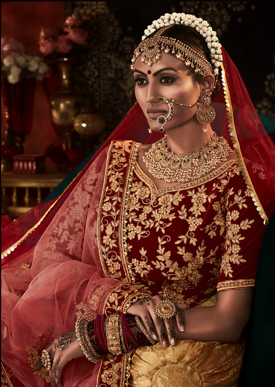 Heavy Embroidered Bridal Maroon Velvet Wedding Lehenga Choli - Image 2
