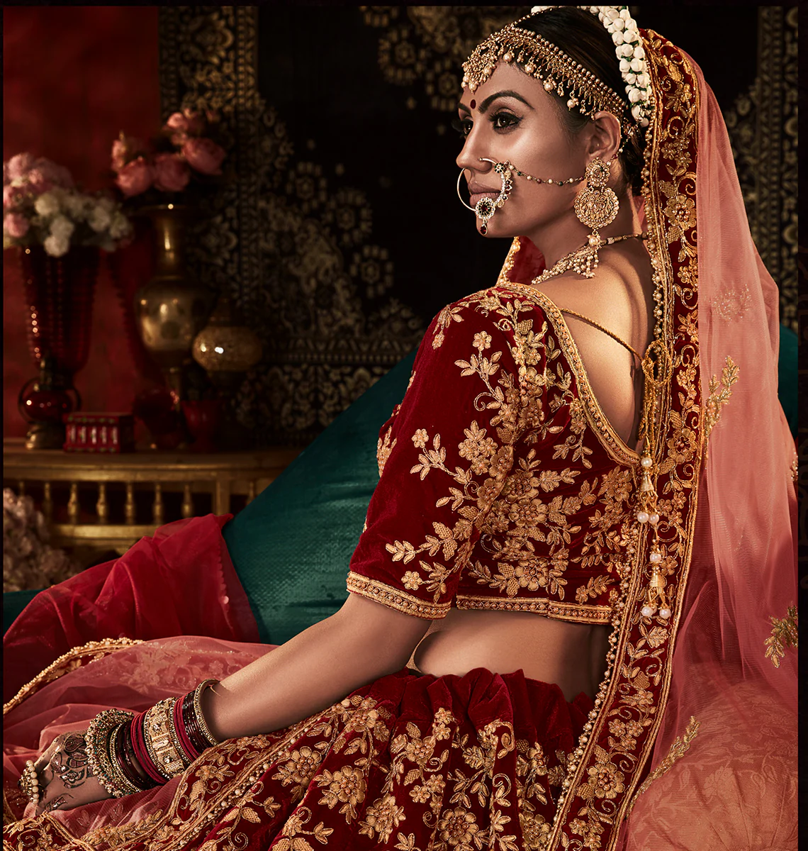 Heavy Embroidered Bridal Maroon Velvet Wedding Lehenga Choli - Image 3