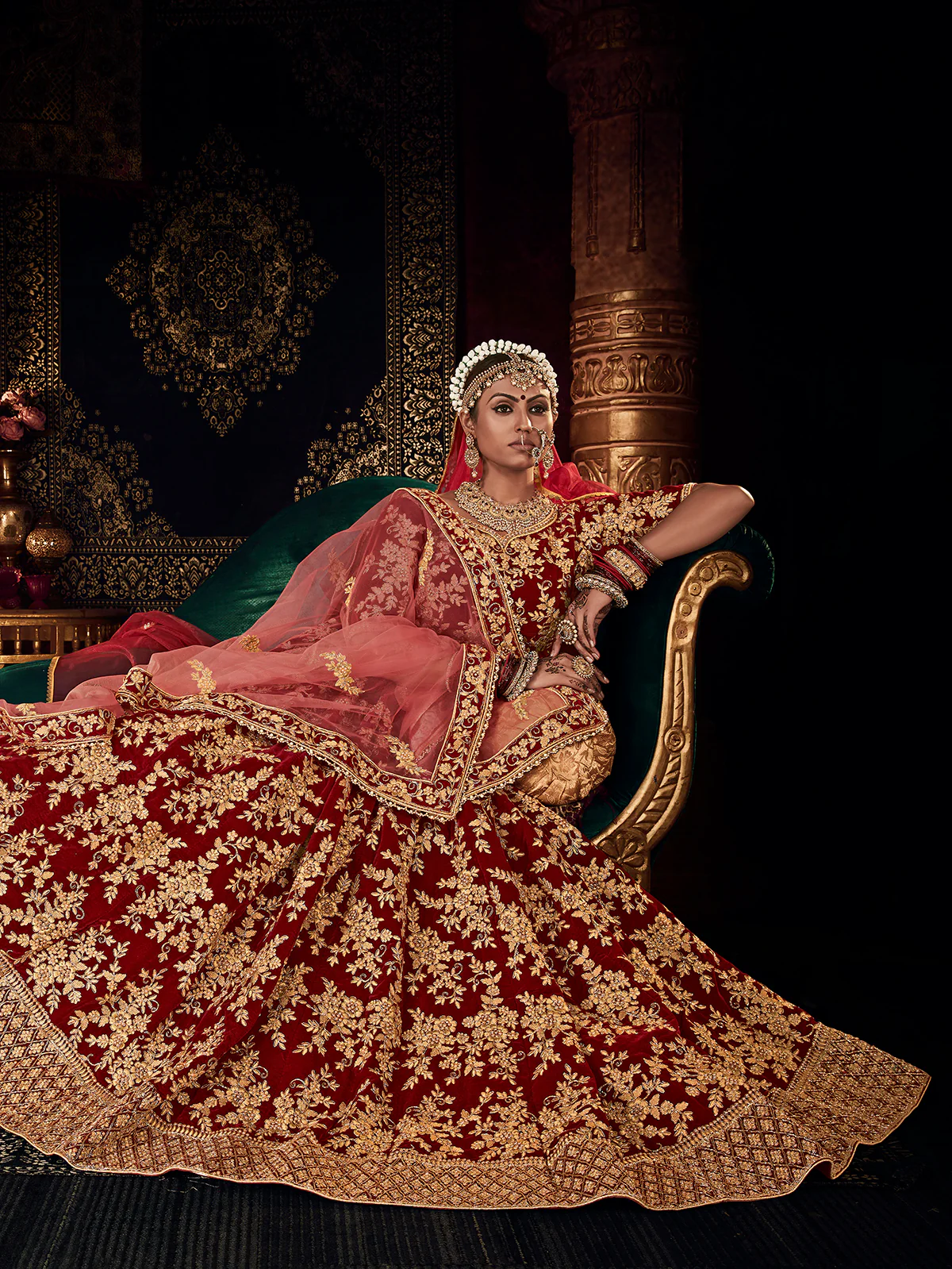 Heavy Embroidered Bridal Maroon Velvet Wedding Lehenga Choli - Image 4
