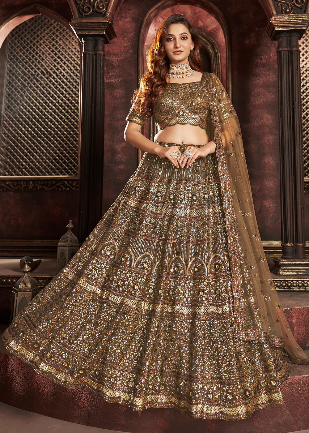 Heavy Embroidered Chocolate Brown Net Bridal Lehenga Choli