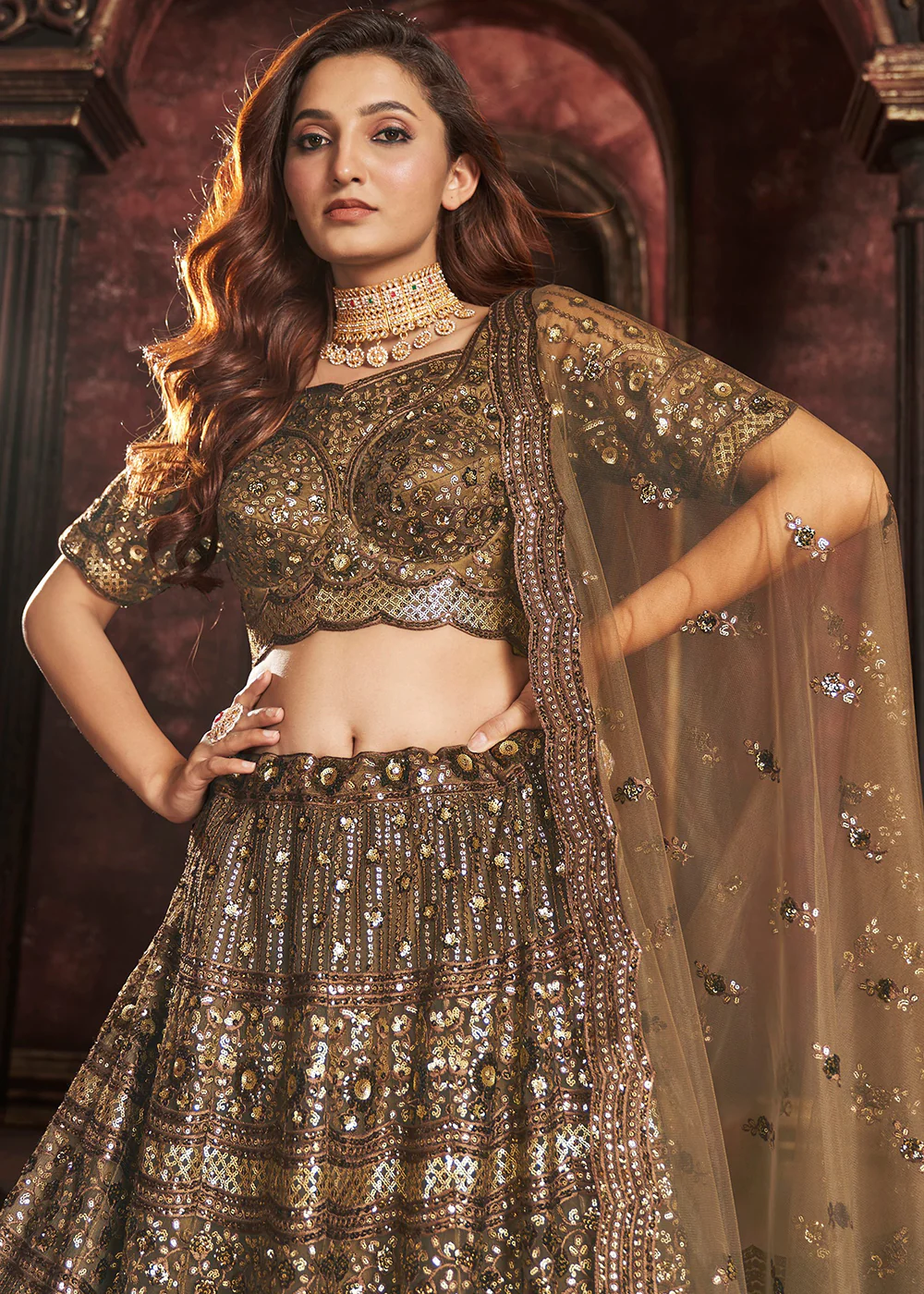 Heavy Embroidered Chocolate Brown Net Bridal Lehenga Choli - Image 2