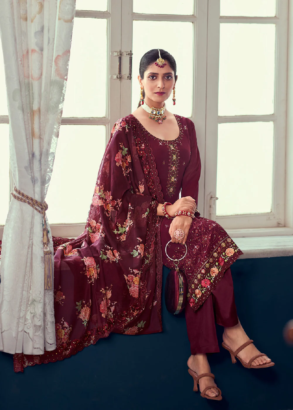 Heavy Embroidered Classy Brown Georgette Festive Salwar Suit - Image 3