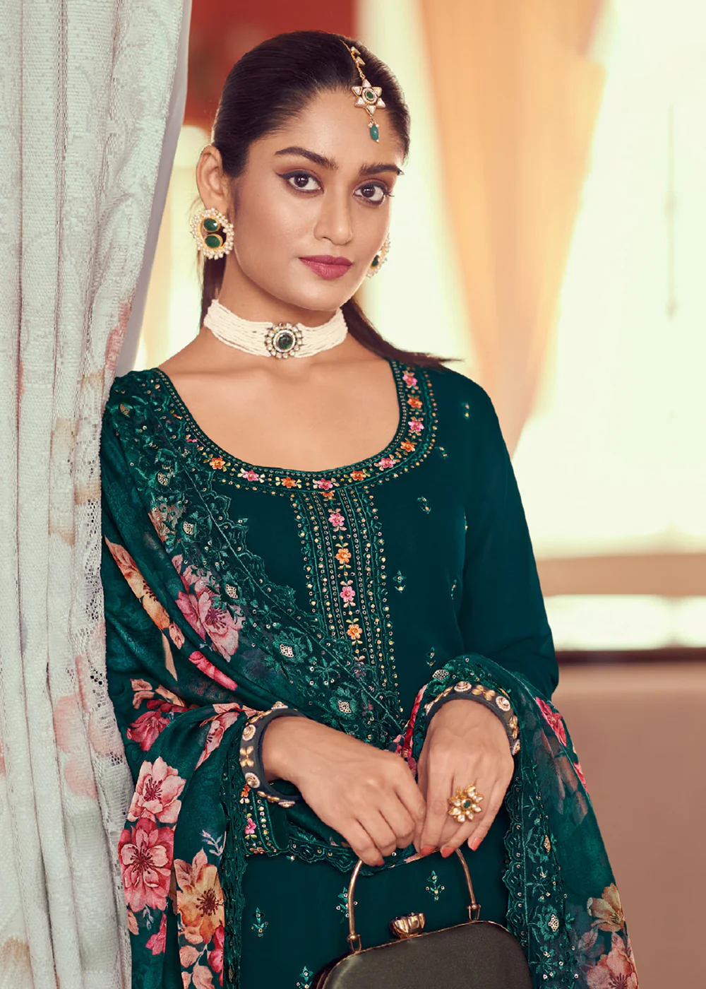 Heavy Embroidered Classy Teal Georgette Festive Salwar Suit - Image 2