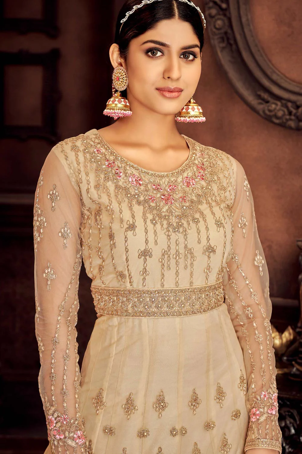 Heavy Embroidered Cream Net Bridal Anarkali Suit - Image 3