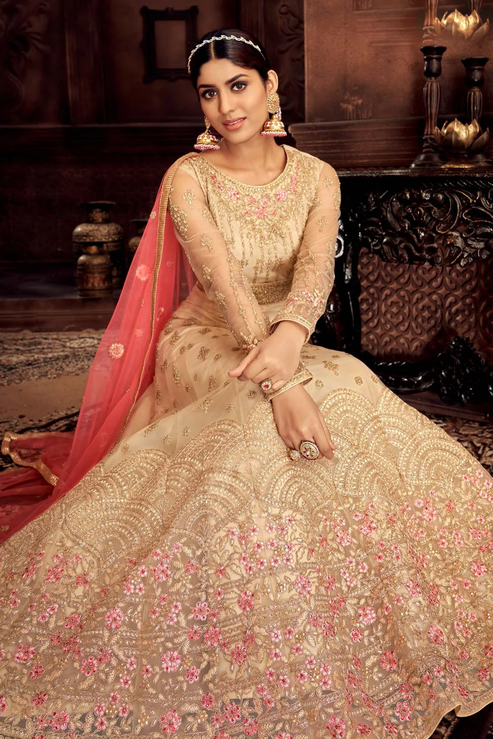 Heavy Embroidered Cream Net Bridal Anarkali Suit - Image 4