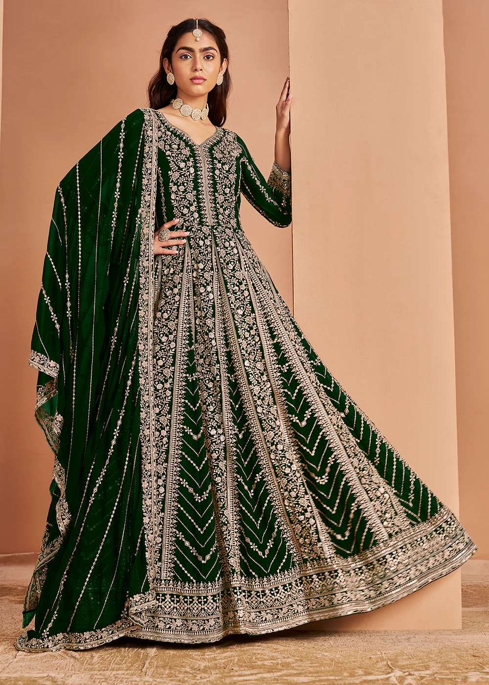 Heavy Embroidered Green Georgette Wedding Anarkali Suit