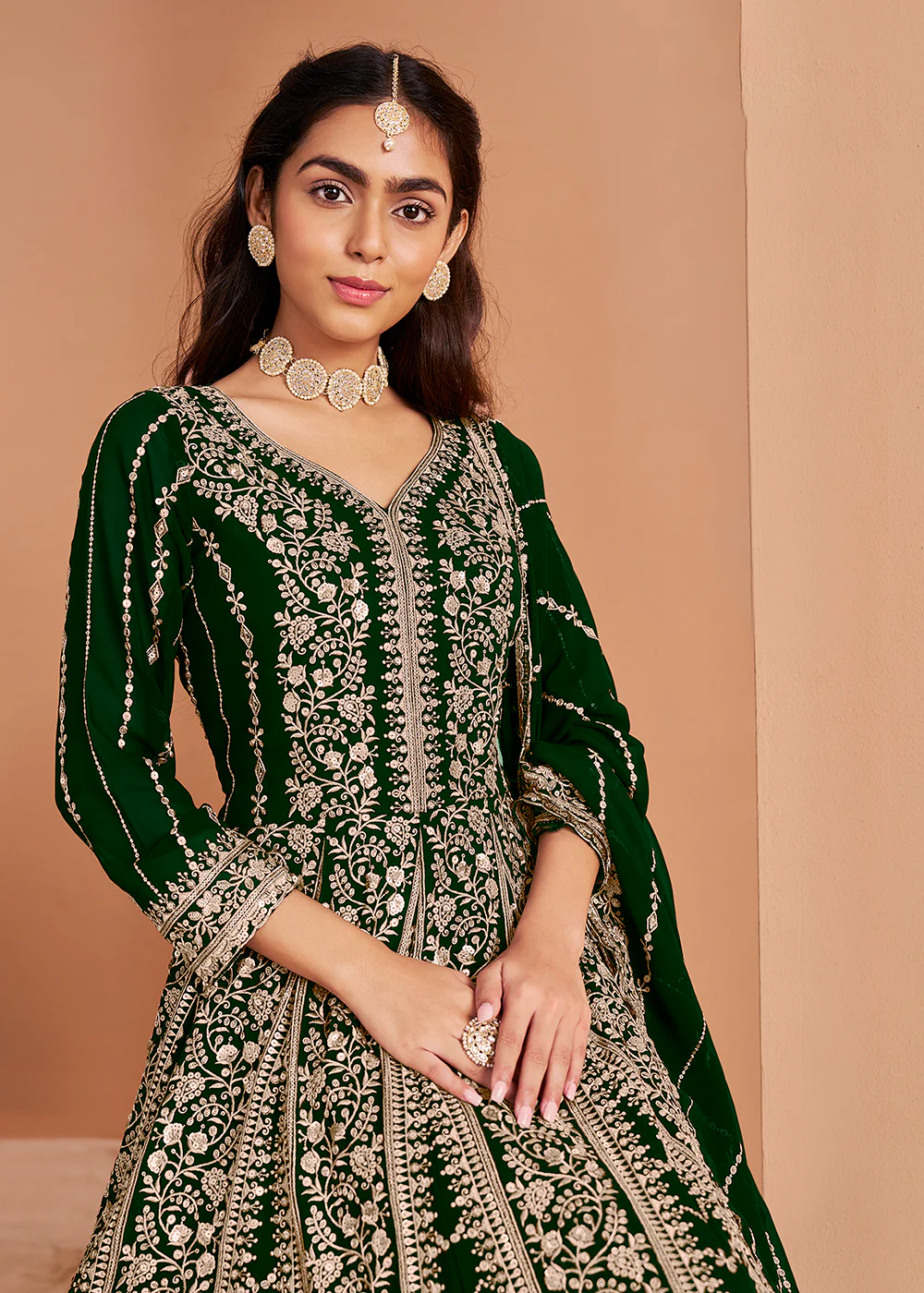 Heavy Embroidered Green Georgette Wedding Anarkali Suit - Image 2