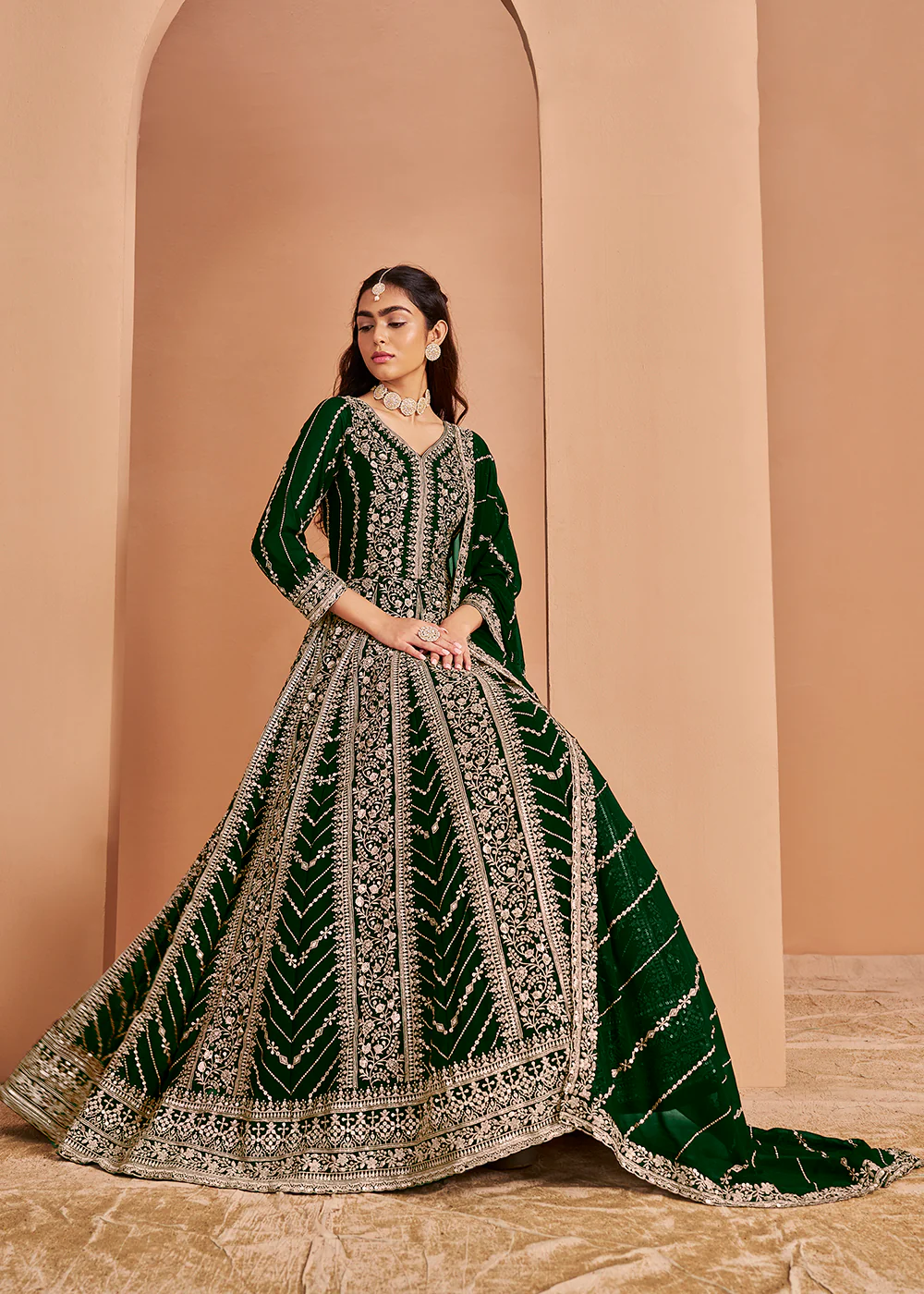 Heavy Embroidered Green Georgette Wedding Anarkali Suit - Image 4