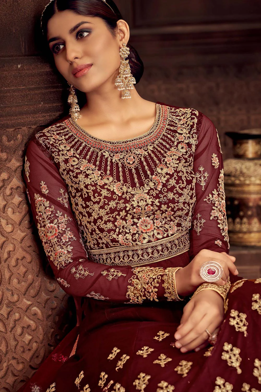 Heavy Embroidered Maroon Net Bridal Anarkali Suit - Image 2