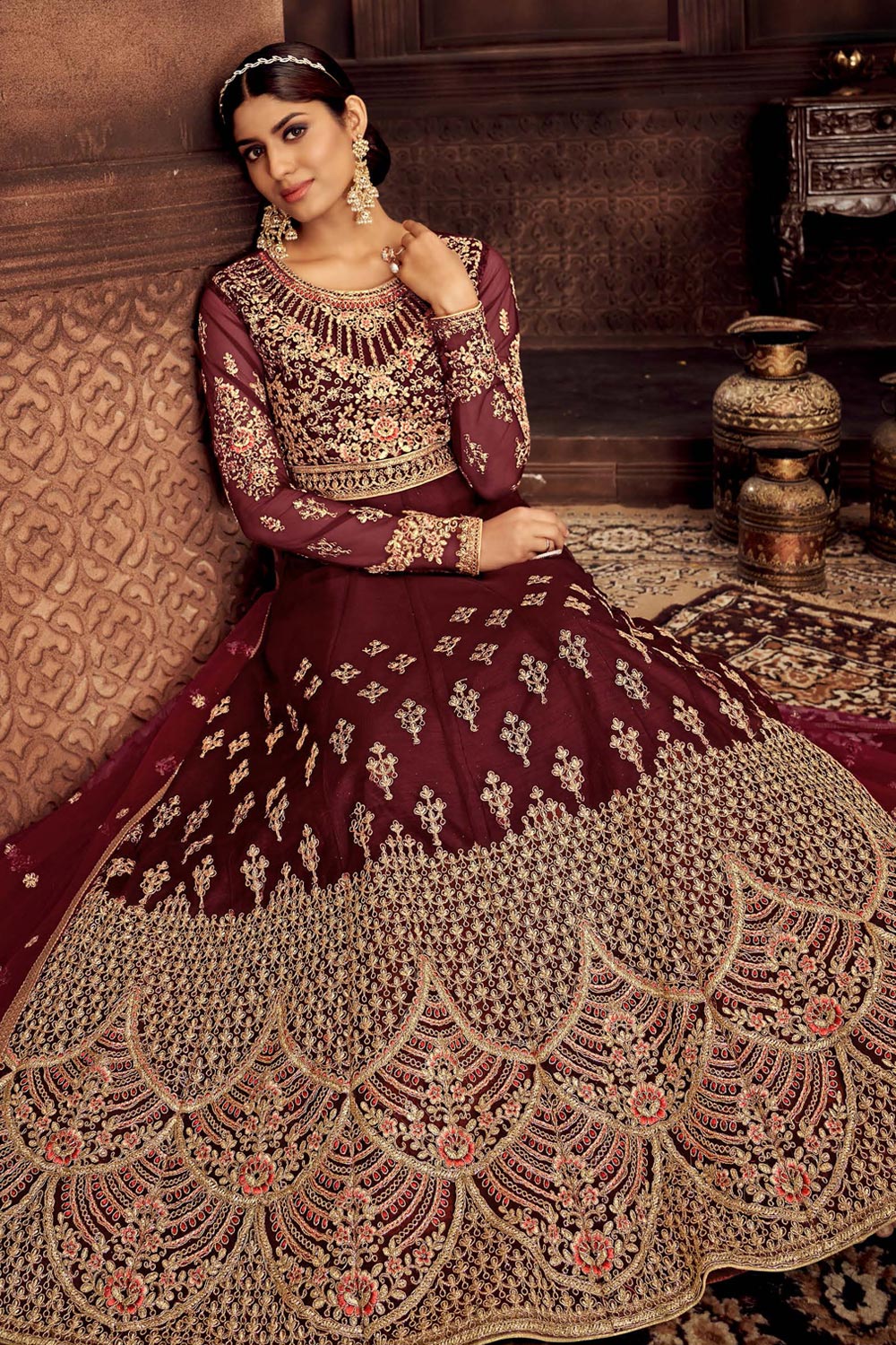 Heavy Embroidered Maroon Net Bridal Anarkali Suit - Image 4