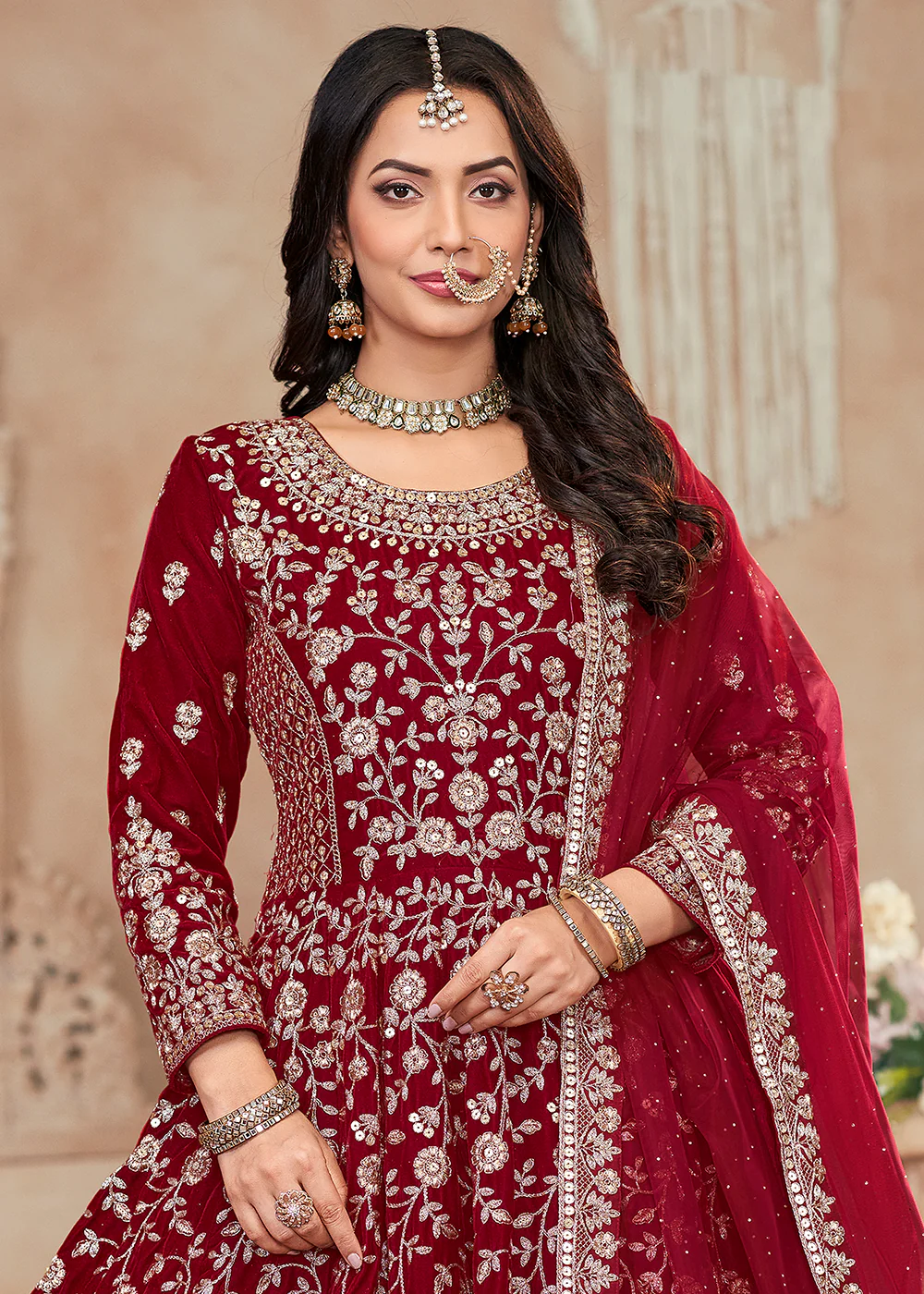 Heavy Embroidered Maroon Velvet Wedding Anarkali Suit - Image 2