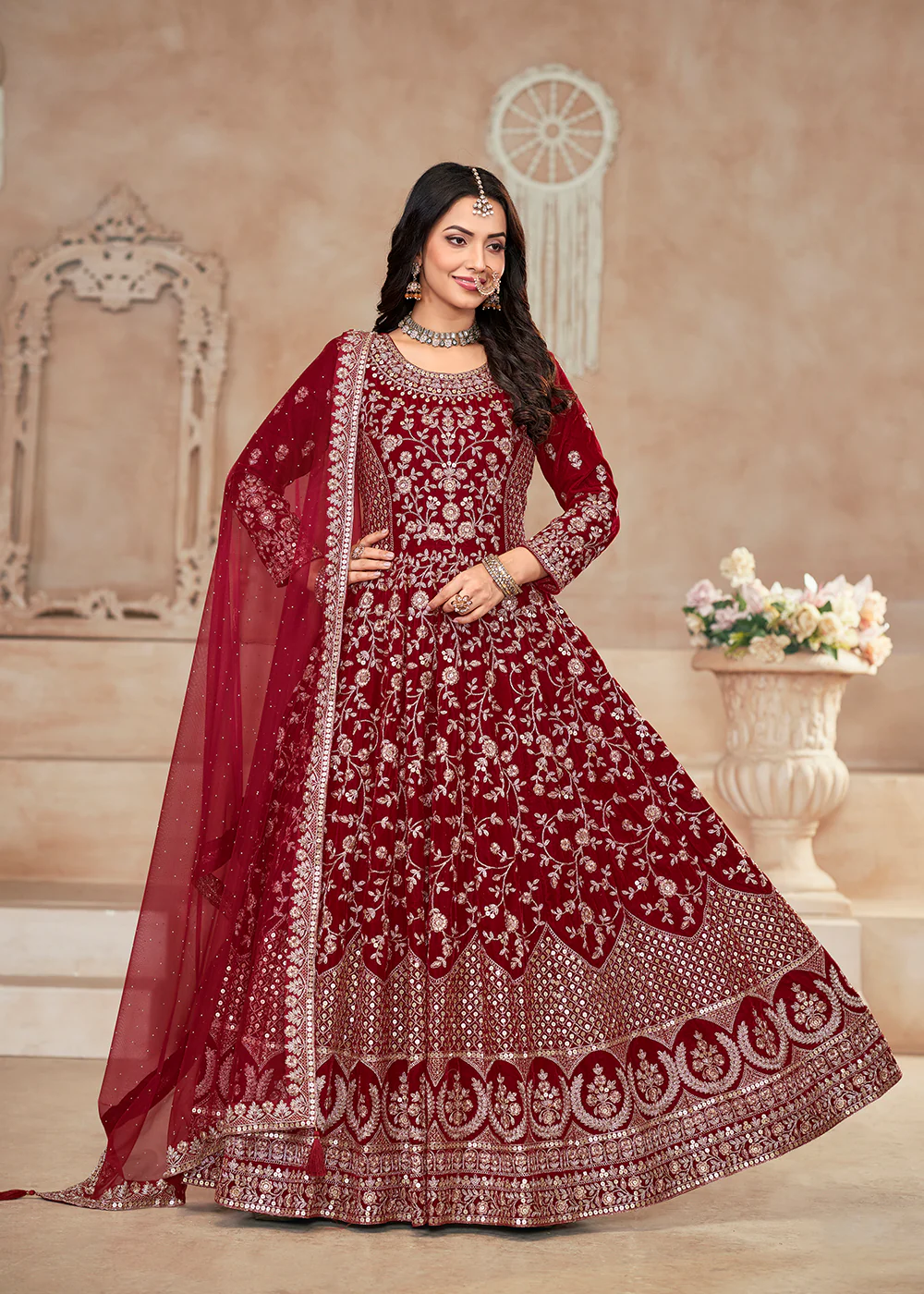Heavy Embroidered Maroon Velvet Wedding Anarkali Suit - Image 3